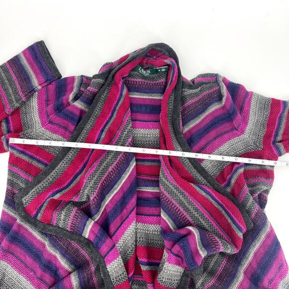 Lauren Ralph Lauren Multi Stripe Knit Waterfall Open Front Cardigan Sweater M - Picture 3 of 5